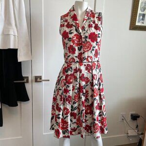Jil Sander NAVY Designer Fit & Flare Pleated Floral Shirt Dress Ecru Red Sz 34